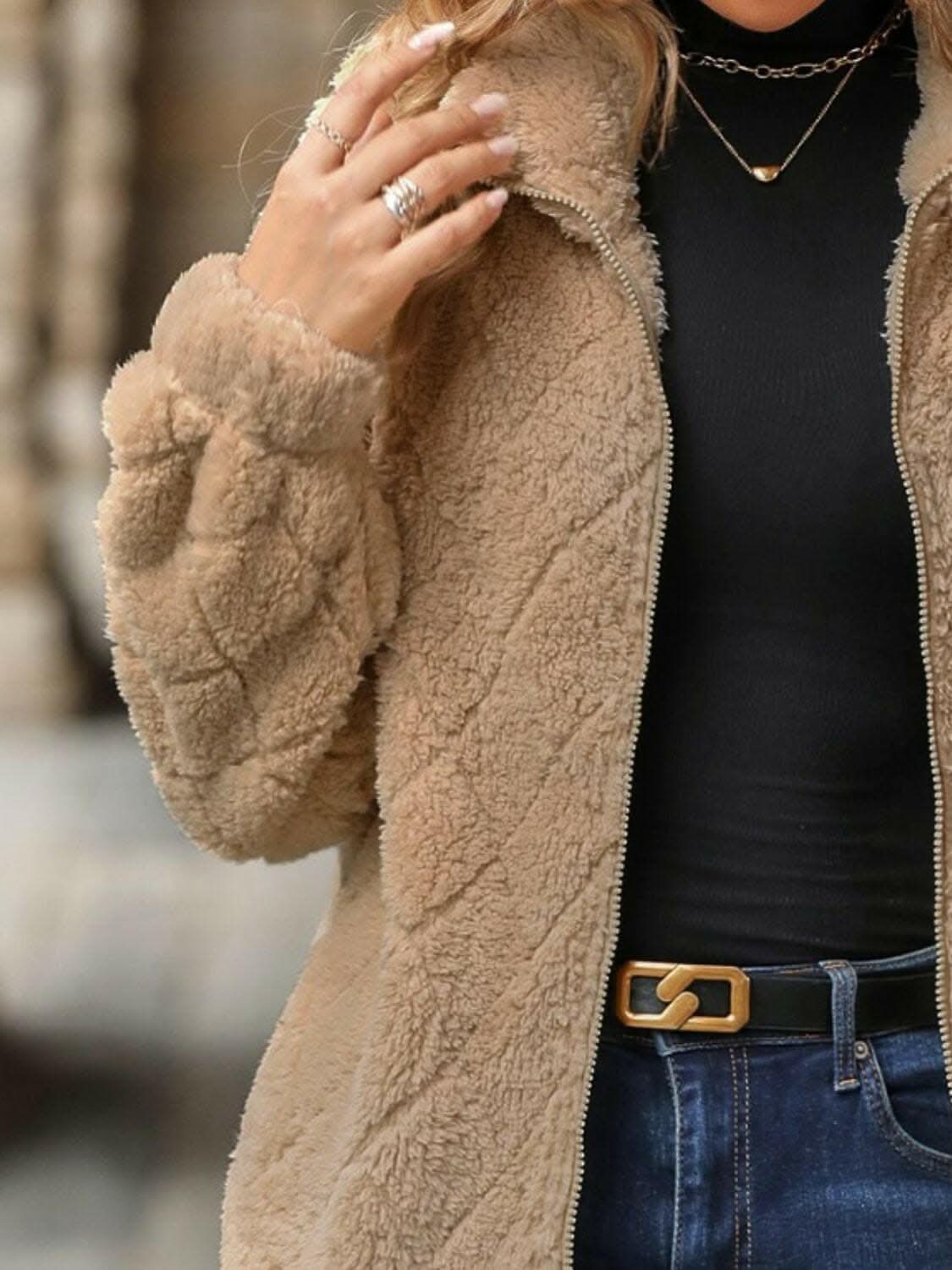 Fuzzy zip-up jacket with pockets - Love Salve